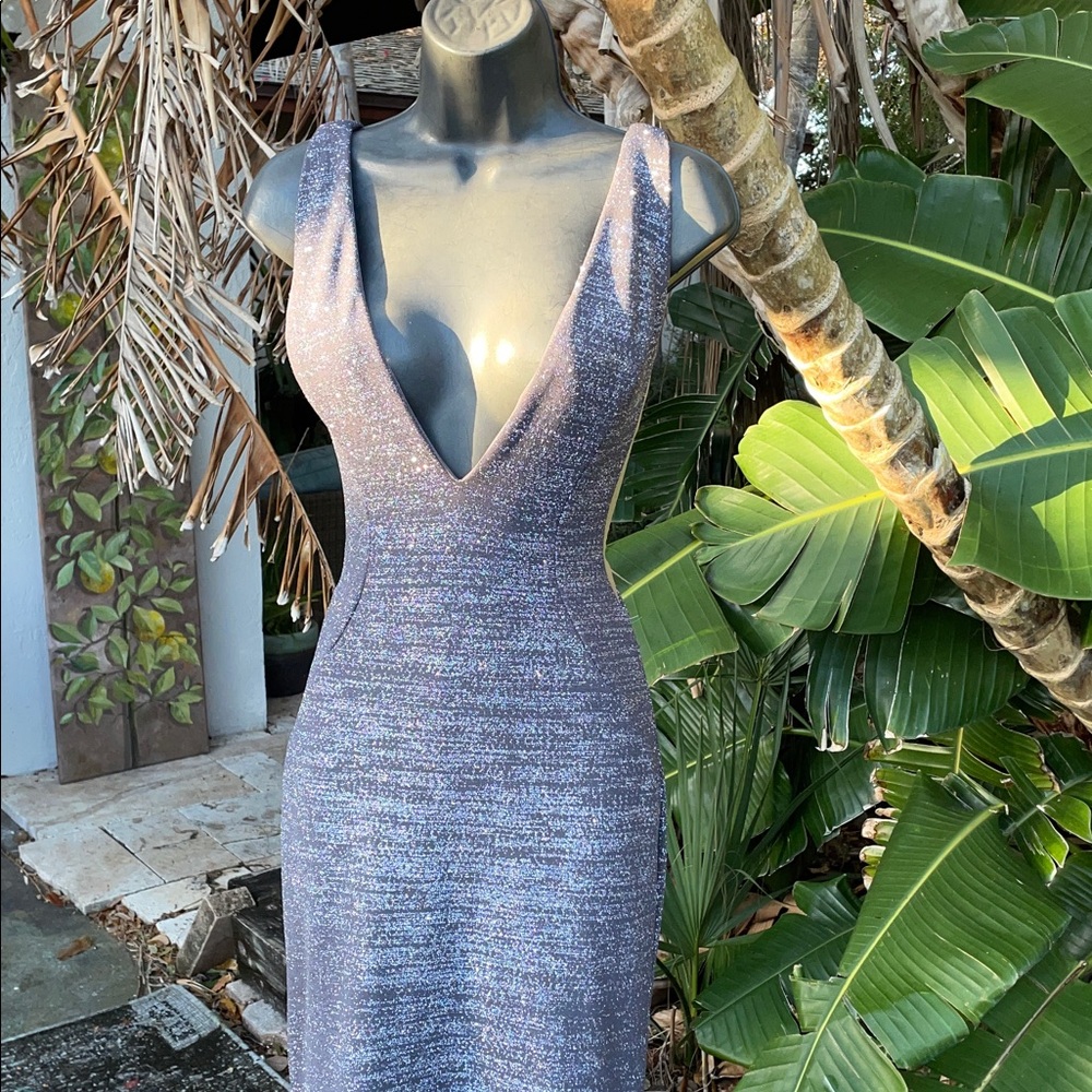 Silver deep cut mesh insert formal gown View 5
